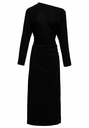 Dolga črna obleka z dolgimi rokavi, ožjim pasom, zasnovo z enim ramenom in detajli z zlatimi gumbe na ramenih.