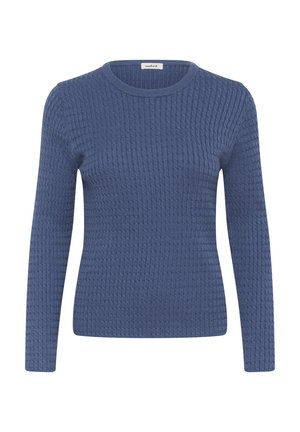 Langærmet blå sweater i struktureret strikstof, med rund halsudskæring og tætsiddende design. Ingen synlig hardware eller mønstre.