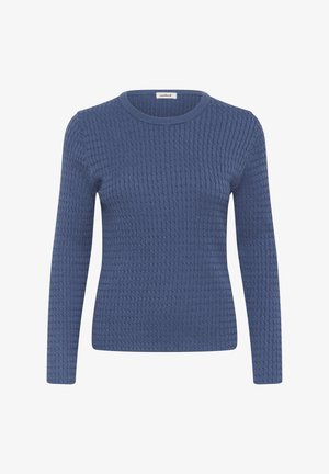 Pikkade varrukatega sinine pitsilise kudumisega sviiter, millel on ümmargune kaelus ja istuv disain. Ei mingeid nähtavaid riistvara ega mustreid.