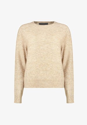 Pull beige en tricot avec un col rond, des manches longues et des poignets côtelés. Texture douce avec un motif discret moucheté sur toute la surface.