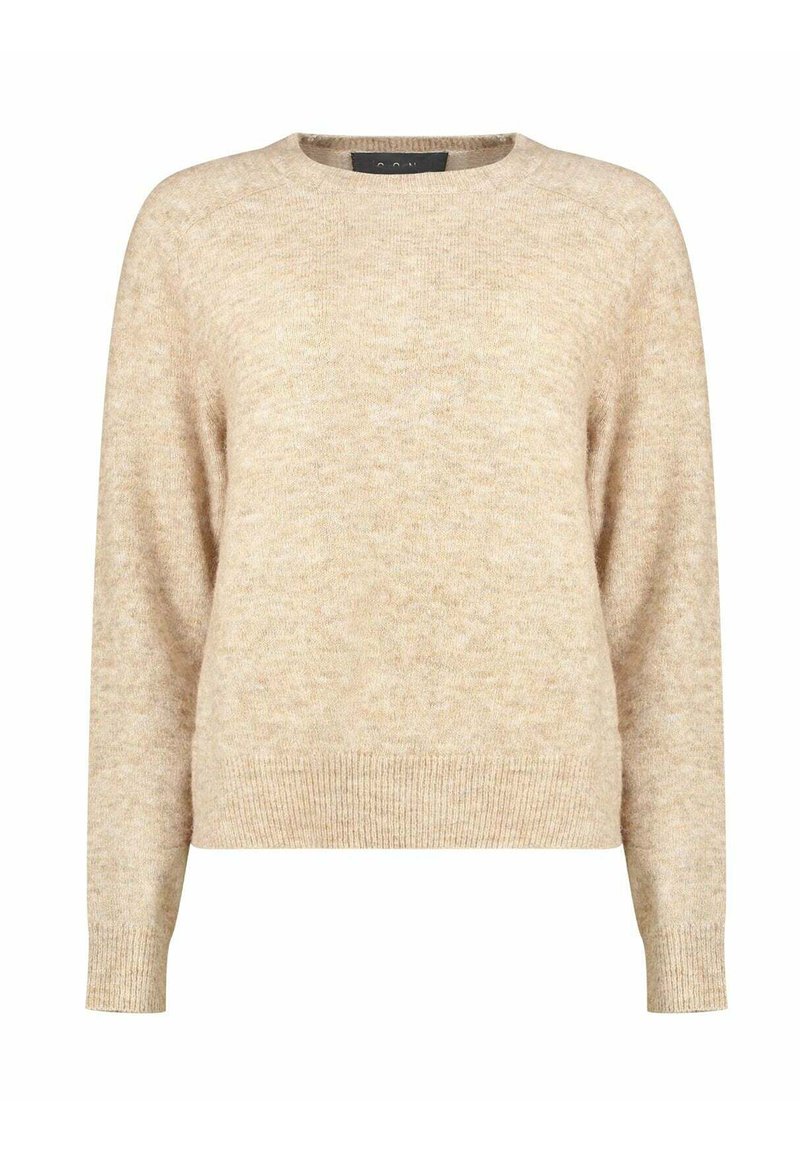 Beige gebreide trui met een ronde hals, lange mouwen en geribbelde manchetten. Zachte textuur met een subtiel gespikkeld patroon overal.