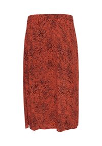 Jupe rouge avec un motif animal noir, en tissu léger, dotée d'une taille élastique et d'un design fluide.