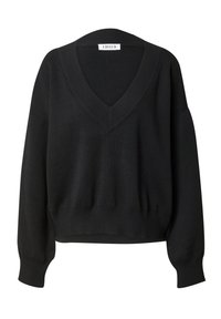Schwarzer Pullover mit tiefem V-Ausschnitt, geripptem Kragen und Ärmelbündchen sowie einem cropped Saum. Hergestellt aus einem weichen, strukturierten Strickstoff.