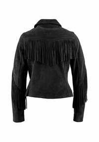 Fekete szarvasbőr dzseki, rojtos hát- és ujjrészekkel, kiszélesített gallérral és testhezálló szabással. Sima textúrájú és strukturált kialakítású.