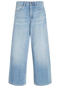 Vaaleansiniset leveälahkeiset farkut, valmistettu denimistä, joissa on klassinen viiden taskun malli, napillinen suljenta ja hienovaraiset haalistumat kankaassa.