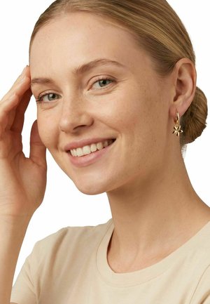 Uśmiechnięta kobieta o jasnej karnacji i zielonych oczach, ubrana w beżową bluzkę i złote kolczyki w kształcie kwiatów, dotykająca czoła.