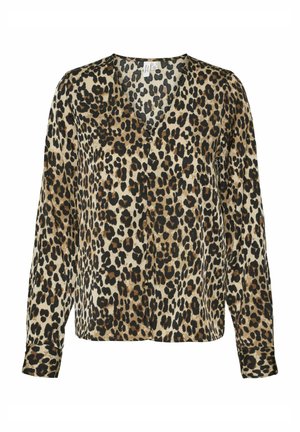 Blouse en imprimé léopard avec un décolleté en V, des manches longues et une coupe décontractée. Fabriquée en tissu doux, avec des taches noires et brunes sur un fond beige.