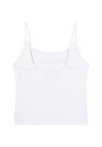 Canottiera bianca con spalline sottili, realizzata in tessuto leggero, caratterizzata da un design semplice e un scollo dritto.
