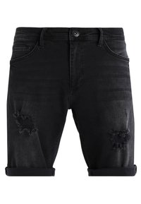 Shorts de mezclilla negros con dobladillo deshilachado, con dos parches desgastados en el frente, cinco bolsillos y cierre de botón.