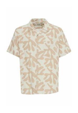 Chemise à manches courtes en tissu beige clair avec des motifs abstraits bruns, fermeture à boutons devant et poche sur la poitrine gauche. Design de col simple.