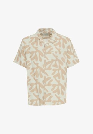 Korte mouw shirt in lichtbeige stof met abstracte bruine patronen, knopen aan de voorkant en een borstzak aan de linkerkant. Eenvoudig kraagontwerp.