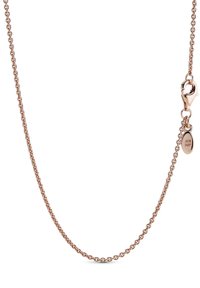 Collana in metallo rosa con catena, dotata di chiusura a gancio, etichetta ovale e anelli testurizzati per un tocco di dettaglio. Lunghezza variabile, la catena è sottile.