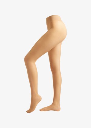 Beige transparente Strumpfhose mit glatter Textur, die einen bequemen Bund und ein natürliches Beinbild aufweist, vor einem neutralen Hintergrund präsentiert.