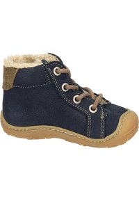 Marineblaue Leder-Stiefelette mit beigem Akzentnähen, weicher Pelzfutter, Wildleder-Häkelasche und Gummisohle, ausgestattet mit runden Schnürsenkeln und Ösen.