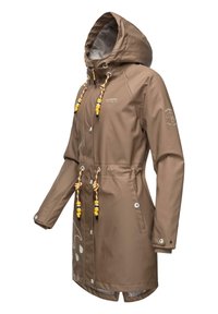 Brown waterproof jacket with a hood, drawstrings, side pockets, and printed design. Features silver hardware and contrasting yellow details.