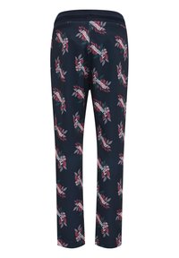 Navy blauwe broek van zachte stof met een overal bloemenpatroon in roze en groene tinten, met een tailleband voor comfort.