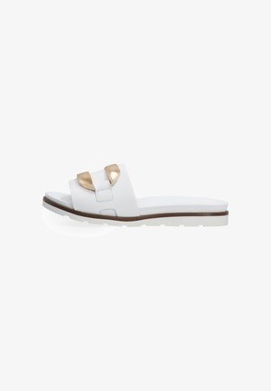 White slide sandal with a gold decorative buckle and a sturdy sole, showcasing a modern and casual design for summer wear.