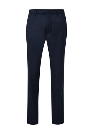 Marineblaue Hose aus glattem Stoff, mit normaler Passform, geradem Bein, vorderem Knopfverschluss und zwei seitlichen Taschen.