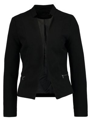 Sort kvinders skræddersyede blazer med lange ærmer, krave og to frontlommer med lynlås, åben front.