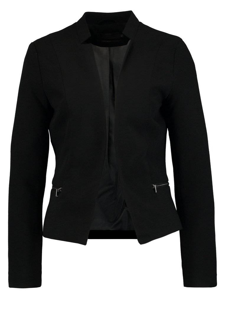 Blazer noir pour femme, cintré, manches longues, col et deux poches zippées devant, ouverture frontale.