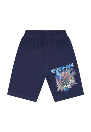 Marineblaue Kinder-Shorts mit elastischem Bund und einem bunten Spider-Man-Grafik auf dem rechten Bein.