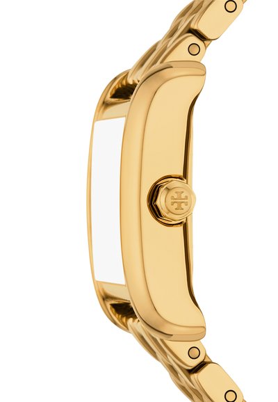 Guld-tone ur med et poleret metalhus, stor krone og et glat bånd med sammenkoblede led. Skiven er hvid og rektangulær.