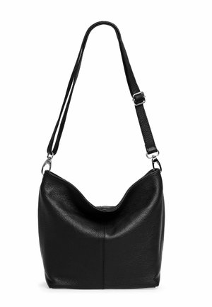 Schwarze Leder-Schultertasche mit abgerundetem oberen Teil, strukturierten Oberfläche, verstellbarem Tragegurt und silbernen Hardware-Details. Geräumiges und semi-strukturiertes Design.