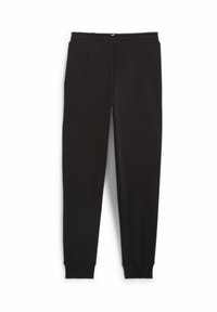 Pantalones deportivos negros hechos de una tela suave, con una cinturilla elástica, puños en los tobillos y un diseño sencillo de pierna recta.
