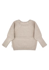 Beige gestrickter Pullover mit langen Ärmeln und gerippten Bündchen, Saum und Kragen, flach auf einem weißen Hintergrund präsentiert.