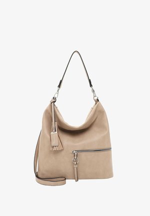 Beige Handtasche aus synthetischem Leder mit einem lässigen Design, einer vorderen Reißverschlusstasche, einem dekorativen Quastenanhänger und zwei Trägern in kontrastierendem Schwarz.