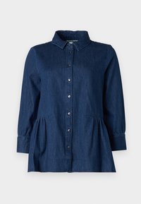 Dark blue denim shirt with a button-up front, collared neck, long sleeves, and gathered detailing at the waist.