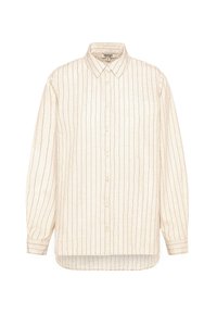 Button-up shirt in cream fabric with thin vertical black stripes, long sleeves, and a classic collar, featuring a curved hemline.