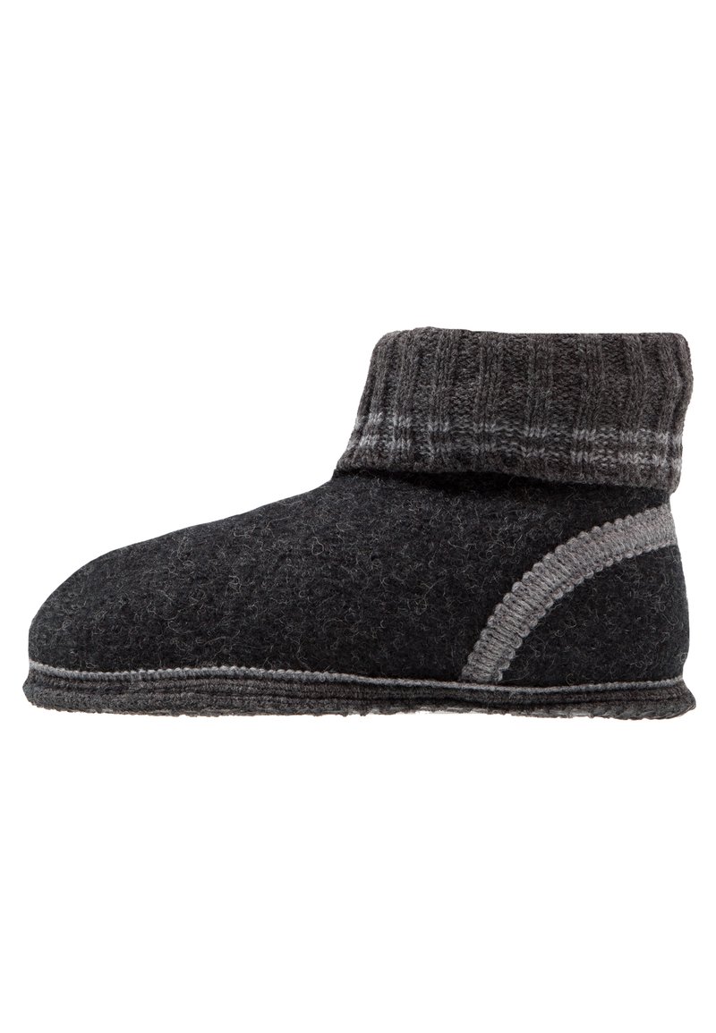 Grijze voelslipper met een geribde gebreide boord, voorzien van een gladde zool en contrasterende stiksels. Afgeronde neus en een minimalistisch ontwerp.