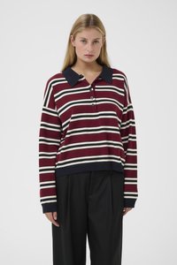 Striped pullover in burgundy, cream, and navy colors; features a collar, three-button placket, and relaxed fit with long sleeves.