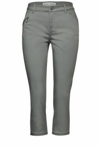 Grå korta byxor med framficka med dragkedja och knappstängning, smal passform, bältesöglor och slät tygtextur.