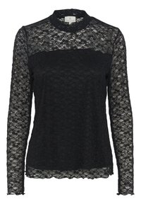 Haut à manches longues en dentelle noire avec un col haut et un motif floral complexe. Les manches transparentes et l'ourlet festonné ajoutent des détails.