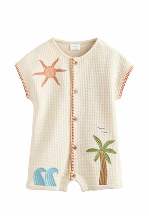 Salopetă pentru bebeluși din țesătură crem cu structură wafel, cu nasturi în față, aplicații cu soare portocaliu, palmier verde și val albastru și finisaj portocaliu la mâneci și în față.