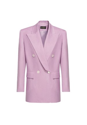 Blazer croisé en tissu lavande clair, doté d'un col cranté, de deux poches avant et de boutons décoratifs blancs.
