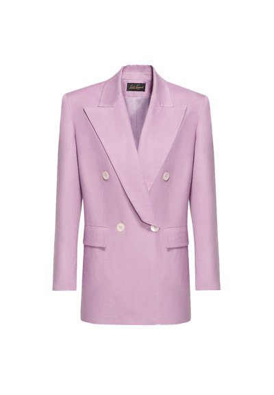 Double-breasted blazer in light lavender fabric, featuring a notched collar, two front pockets, and decorative white buttons.