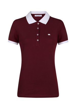 Vinrød kortærmet polo med hvid krave og ærmekanter, knaplukning og lille hvid elefantlogo på brystet.