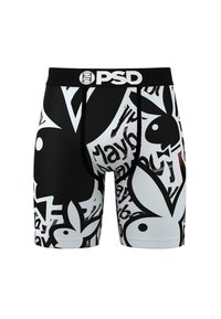 Svart boksershorts med hvit Playboy-kaninlogo og tekstmønster. Har en svart midjebånd med PSD-logo. Inkluderer pustende nettpaneler.