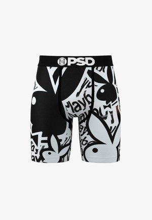 Juodos bokso apatiniai su baltu "Playboy" triušio logotipu ir tekstų raštais. Yra juodas juosmens diržas su "PSD" logotipu. Įtrauktos kvėpuojančios tinklinės detalės.