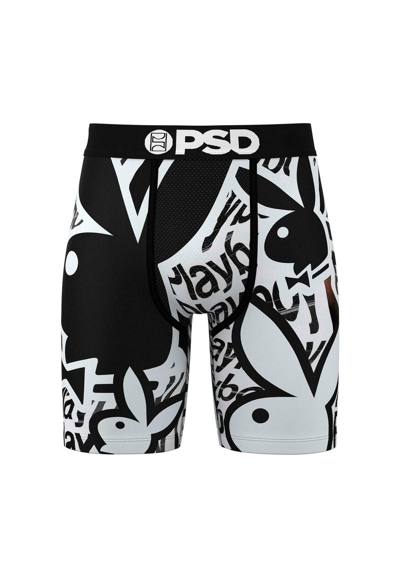 Svart boksershorts med hvit Playboy-kaninlogo og tekstmønster. Har en svart midjebånd med PSD-logo. Inkluderer pustende nettpaneler.