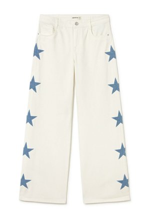 Pantalon ample couleur blanc cassé avec des motifs d'étoiles bleues courant le long des côtés extérieurs des deux jambes, bouton à l'avant et poches.
