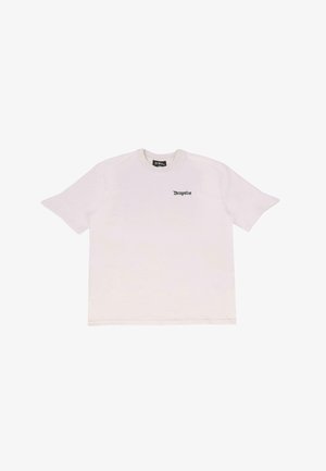 T-shirt en coton blanc avec un col rond et des manches courtes. "Dropsize" est imprimé en noir sur la partie gauche de la poitrine.