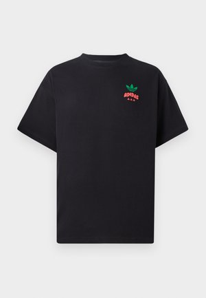 Melna kokvilnas T-kreklu ar īsām piedurknēm, kurā ir zaļš un sarkans Adidas logos dizains uz krūšu daļas. Vienkārša, brīva piegriezuma.
