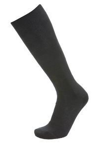 Calza nera al ginocchio realizzata in tessuto a coste con una texture liscia e punta rinforzata. Progettata per resistenza e comfort.