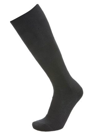Schwarze kniehohe Socke aus gerip ptem Stoff mit glatter Textur und verstärkter Zehenpartie. Designed für Langlebigkeit und Komfort.