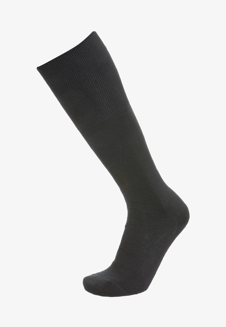 Schwarze kniehohe Socke aus gerip ptem Stoff mit glatter Textur und verstärkter Zehenpartie. Designed für Langlebigkeit und Komfort.