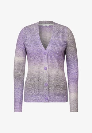 Purple gradient cardigan with a V-neck, long sleeves, textured knit, five buttons, and ribbed cuffs and hem.